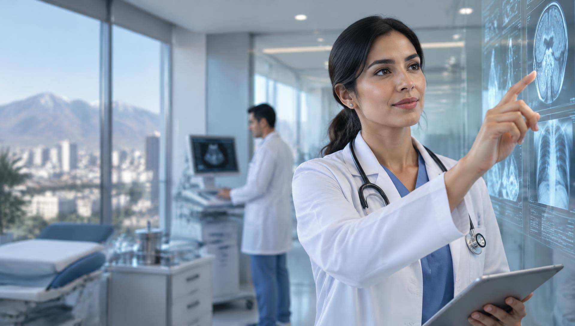 Médica utilizando tecnología clínica digital en un consultorio moderno